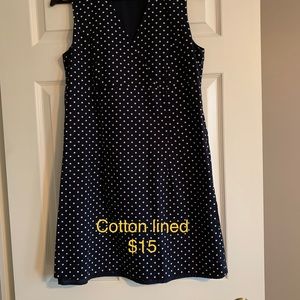 cotton lined navy/white dotted dress cross over bodice